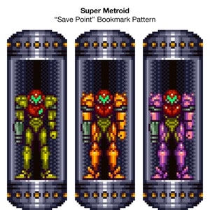 Op de afbeelding: Drie pixel art-illustraties van het personage Samus Aran uit het videospel Super Metroid. Elke illustratie toont Samus in een ander kleurenschema: groen, oranje en paars. De illustraties zijn in een retro-videospel-stijl.