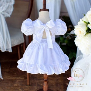 White Flower Girl Dress, White puff sleeve dress, wedding dress for girls,  toddler formal dress, kids wedding attire, baptism dress,