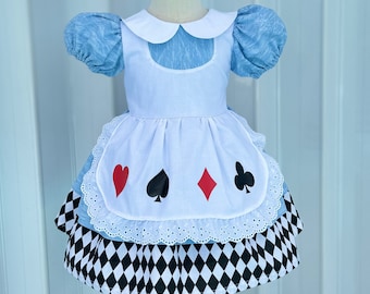 Alice in Wonderland-jurk, Alice in Wonderland-verjaardagsoutfit, Alice in Wonderland-jurk met pofmouwen en schort