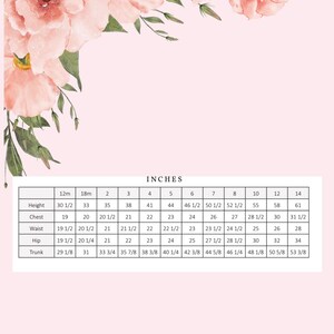 May include: A chart showing size measurements in inches for children's clothing. The chart includes measurements for height, chest, waist, hip, and trunk. The measurements are listed for sizes 12 months, 18 months, 2, 3, 4, 5, 6, 7, 8, 10, 12, and 14.