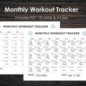 Puede incluir: Un rastreador de entrenamiento mensual imprimible con un dise&ntilde;o en blanco y negro. El rastreador incluye un calendario con los d&iacute;as de la semana y espacio para escribir las actividades y las duraciones. El mes es diciembre y el objetivo es perder 2 libras.