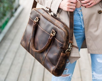 Father's Day Gift, Leather Laptop Bag, Briefcase, Crossbody Messenger Bag, MacBook 16in Bag