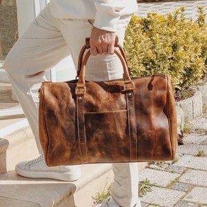 Leather Weekender Overnight Bag, Durable Gym and Travel Bag Vintage Brown