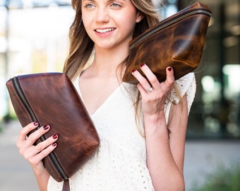 Bolsa de cuero para cosméticos, bolsa de artículos de tocador para mujer, bolsa de maquillaje de cuero, bolsa de viaje esencial, regalo de aniversario