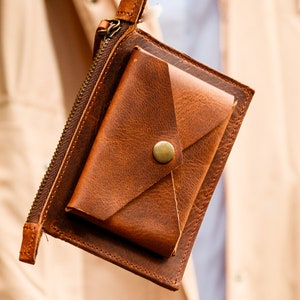 Regalo personalizado para ella, cartera minimalista de cuero para mujer, regalo de Navidad, regalo de aniversario, tarjetero, regalo para ella