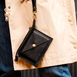 Cartera de cuero para mujer con bolsillo con cremallera, monedero, tarjetero, cartera fina tipo sobre, regalo para ella. Black