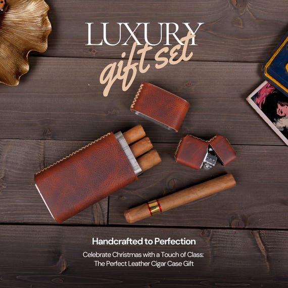 Leather Cigar Case Gift Set, Travel Cigar Holder, Leather Cigar Lighter,  Groomsmen Gift, Anniversary Gift, Christmas Gift, Grandpa Gift