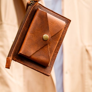 Cartera de cuero para mujer con bolsillo con cremallera, monedero, tarjetero, cartera fina tipo sobre, regalo para ella. Vintage Brown
