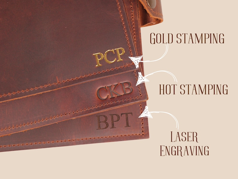 May include: Close-up of a brown leather wallet with three different types of personalization: gold stamping, hot stamping, and laser engraving. The text "PCP", "CKB", and "BPT" are visible on the wallet.