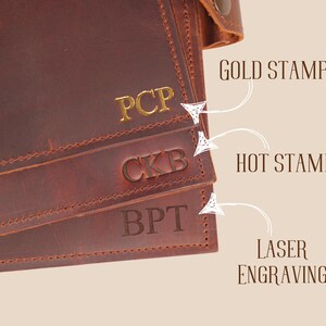 May include: Close-up of a brown leather wallet with three different types of personalization: gold stamping, hot stamping, and laser engraving. The text "PCP", "CKB", and "BPT" are visible on the wallet.