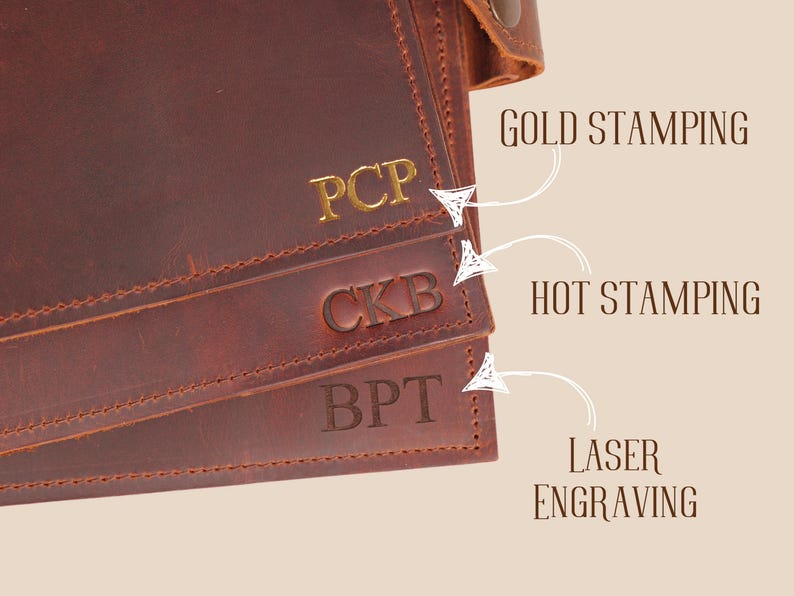 May include: Close-up of a brown leather wallet with three different types of personalization: gold stamping, hot stamping, and laser engraving. The text "PCP", "CKB", and "BPT" are visible on the wallet.