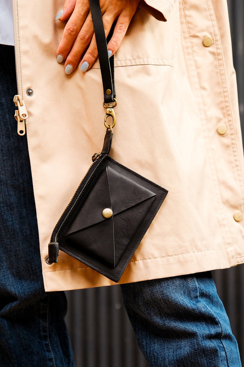 Cartera de cuero para mujer con bolsillo con cremallera, monedero, tarjetero, cartera fina tipo sobre, regalo para ella. Black
