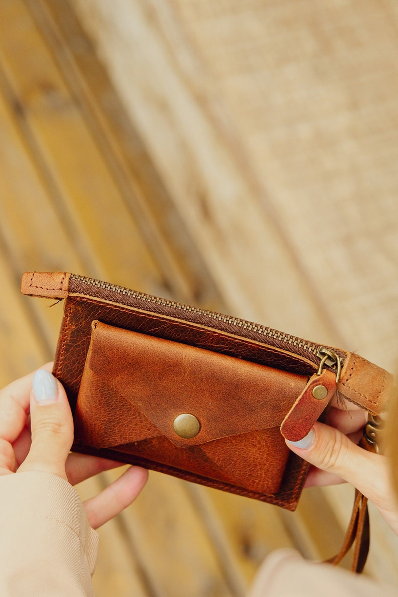 Cartera de cuero para mujer con bolsillo con cremallera, monedero, tarjetero, cartera fina tipo sobre, regalo para ella. imagen 8