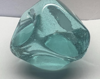 Art Glass Aqua Blue Unique Shape Indented Paperweight