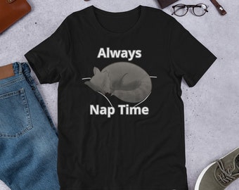 May include: Black t-shirt with a cartoon wolf sleeping and the text "Always Nap Time".