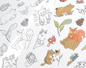 Coloring stickers, Cute nature stickers, Forest sticker sheet, Color your own stickers, Planner and Bullet journal stickers, Eco-friendly