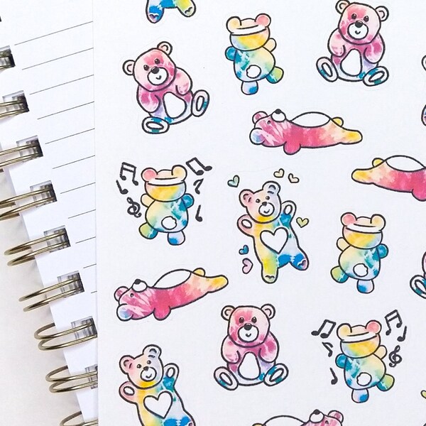 Tie dye bear stickers, Cute bear stickers, Tie dye sticker sheet, Happy sticker sheet, Good vibes stickers, Summer sticker sheet