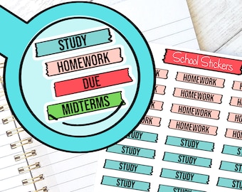 May include: A sheet of colorful stickers with various labels for school, including "Study", "Homework", "Due", "Midterms", "Quiz", "Exam", and "Finals".