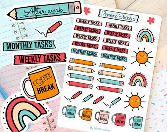 May include: A sheet of colorful planner stickers with a rainbow, sun, coffee cup, pencils, and text that says "Weekly Tasks", "Monthly Tasks", and "Coffee Break".