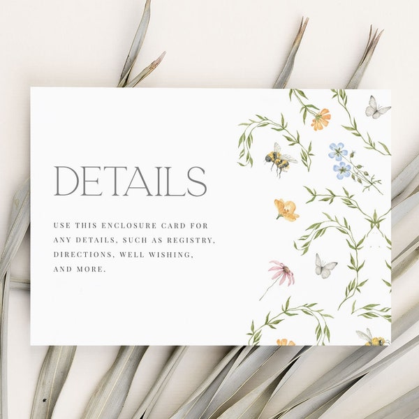 Cottage Garden Enclosure Card / INSTANT DOWNLOAD, Floral Details Card Printable, Invitation Insert Template, Wedding Templates, Event Detail