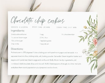 4x6 Spring Floral Recipe Card for Bridal Shower, Editable Simple Recipe Card, Modern Recipe Card, Printable Recipe Card, Recipe Template