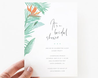 Invitación a la despedida de soltera tropical / DESCARGA INSTANTE / Hojas de palma de acuarela + Invitación de aves del paraíso / Invitación a la despedida de soltera hawaiana