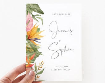 Tropical Save the Date Template, Destination Beach Wedding, Instant Download, Engagement Save the Dates, Bird of Paradise, Palm Leaves
