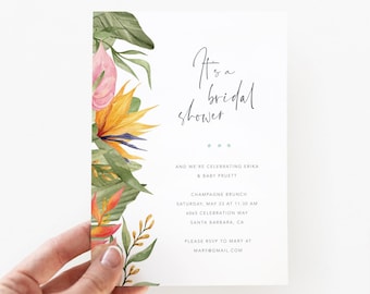 Invitación de despedida de soltera tropical / DESCARGA INSTANTE / Hojas de palma + Invitación de aves del paraíso imprimible / Invitación de despedida de soltera editable