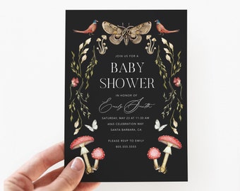 Moody Forest Baby Shower Invitation, INSTANT DOWNLOAD, Mushroom Invitation Printable, Editable Woodland Baby Shower Invite, Enchanted Forest