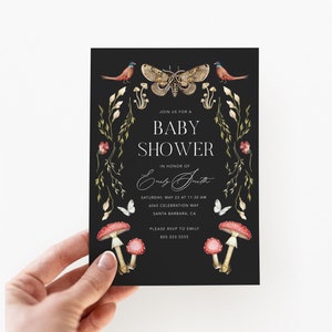 Moody Forest Baby Shower Invitation, INSTANT DOWNLOAD, Mushroom Invitation Printable, Editable Woodland Baby Shower Invite, Enchanted Forest