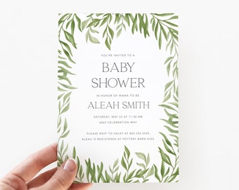 Greenery Baby Shower Invitation / INSTANT DOWNLOAD / Modern Leaves Invitation Printable / Editable Baby Shower Invite