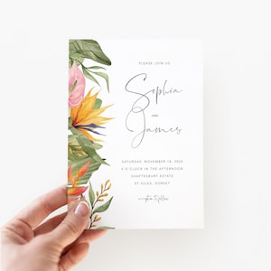 Tropical Wedding Invitation, Destination Beach Wedding, Instant Download, Palm Leaves, Beach Wedding Invitation, Bird of Paradise