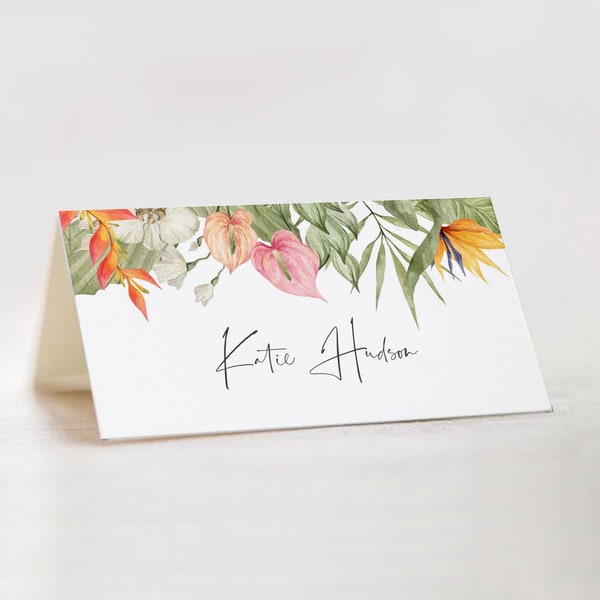 Tropical Place Cards / INSTANT DOWNLOAD / Palm Leaves + Birds of Paradise Name Cards Printable / Editable Hawaiian Table Name Card / Wedding