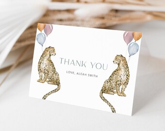 Tarjeta de agradecimiento de fiesta del zoológico de animales / DESCARGA INSTANTE / Safari gracias imprimible / leopardo editable, tarjeta de agradecimiento de globos