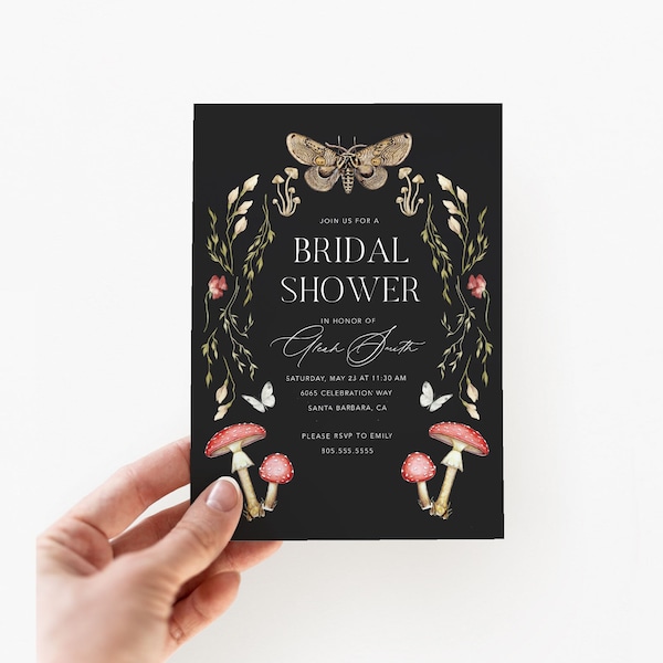 Moody Forest Bridal Shower Invitation, INSTANT DOWNLOAD, Mushroom Invitation Printable Editable Woodland Bridal Shower Invite Enchanted