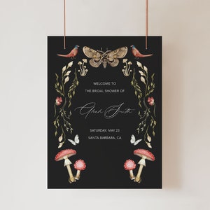 Moody Forest Bridal Shower Signo de bienvenida / DESCARGA INSTANTE / Mushroom Woodland Bienvenido Signo imprimible / Editable Bridal Shower Signo de bienvenida