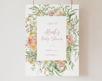 May include: A floral baby shower invitation with a watercolor design featuring pink, yellow, and white flowers. The text reads "Welcome to Aleah's Baby Shower, Saturday, May 21,  [website address]"
