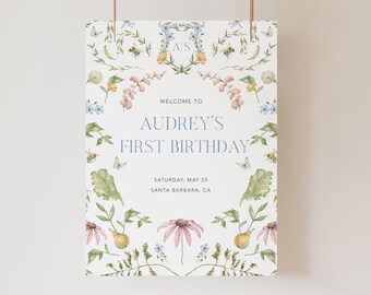 Cartello di benvenuto per il compleanno del giardino segreto / DOWNLOAD IMMEDIATO / Cartello di benvenuto Cottagecore Fiori stampabili / modificabili Primo 1° compleanno Ragazza Api
