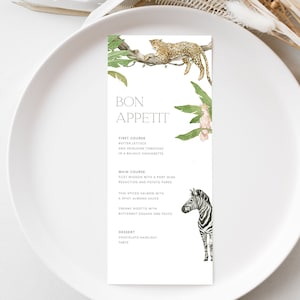 Dschungel-Menü-Vorlage / INSTANT DOWNLOAD / Modernes Safari-Menü druckbar / bearbeitbares Zebra-, Leopard-, Papageien-Menü
