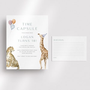 動物園のタイムカプセルサイン + メッセージカード | パーティー動物の 1 歳の誕生日 / 即時ダウンロード / ワイルドワン動物の招待状動物園サファリ印刷可能