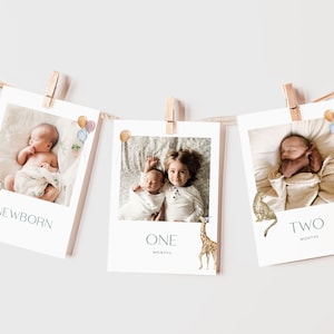 Zoo-themed First Birthday Photo Banner, 1st Birthday Photo Banner, Modern Monthly Milestone Photo Cards, Photo Garland, Instant Download