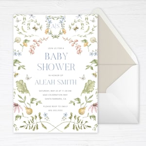 May include: A floral baby shower invitation with a watercolor design featuring a wreath of flowers, leaves, and butterflies. The text reads "Join us for a Baby Shower in honor of Aleah Smith. Saturday, May 23 at 11:30 AM, 6065 Celebration Way, Santa Barbara, CA. Please RSVP to Emily 805.555.5555."