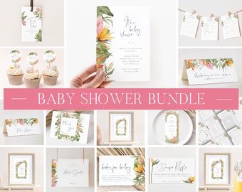 Puede incluir: Un paquete de baby shower con temática floral tropical con invitaciones imprimibles, tarjetas de agradecimiento, adornos para cupcakes y más. El diseño presenta un patrón floral verde, amarillo y rosa con una flor de ave del paraíso.