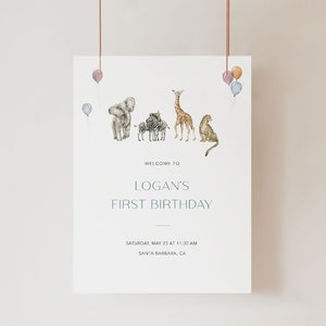 Animal Party Welkomstbord / INSTANT DOWNLOAD / Safari Welkomstbord Afdrukbaar / Bewerkbaar Dierentuin Eerste Verjaardag Welkomstbord, palmbladeren