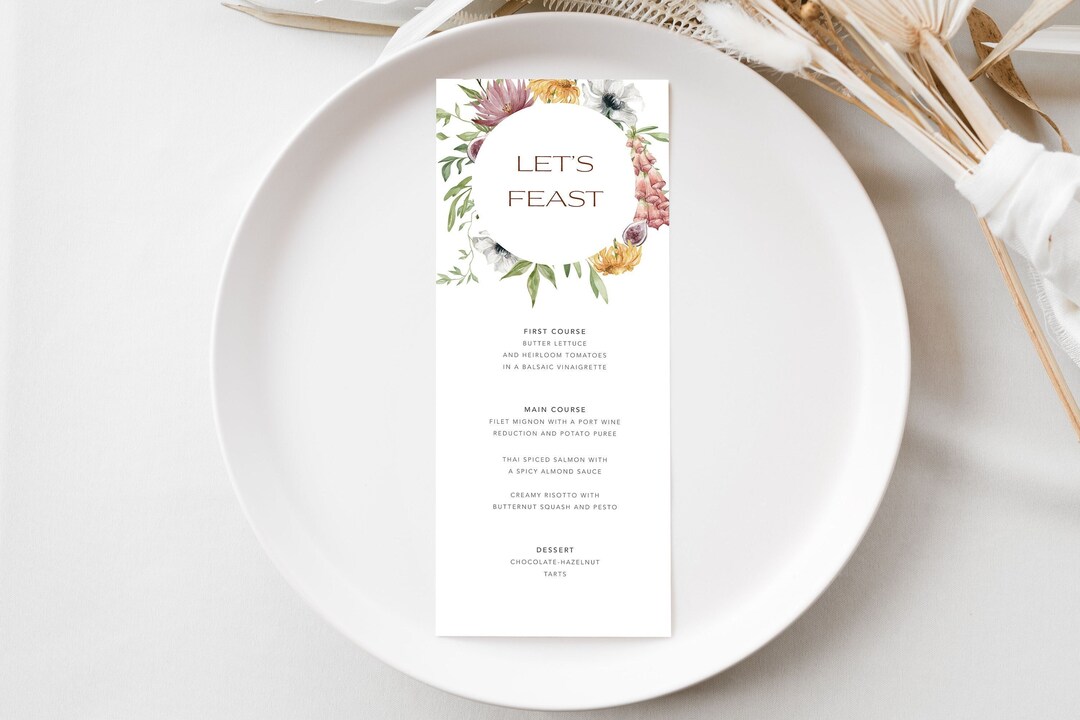 Fall Menu Template / INSTANT DOWNLOAD / Autumn Floral Menu Printable ...