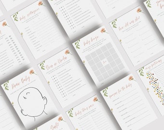 May include: A set of printable baby shower game cards with floral illustrations. The games include "Baby Seetboyous", "Draw Baby", "Over or Under", "Baby Bingo", "How Old Was She", "Baby Footprints", "Prayers for the Baby", and "Emoji Potpourri".