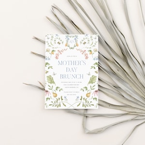 May include: A white invitation card with a floral design and the text "Join us for a Mother's Day Brunch" in blue lettering. The invitation includes the date, time, and location of the event.