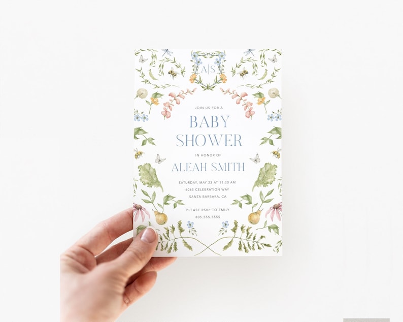 May include: A white baby shower invitation with a floral border. The invitation features a watercolor illustration of flowers, leaves, bees, and butterflies. The text reads "Join us for a Baby Shower in honor of Aleah Smith. Saturday, May 23 at 11:30 AM, 4045 Celebration Way, Santa Barbara, CA. Please RSVP to Emily 835-333-3555."