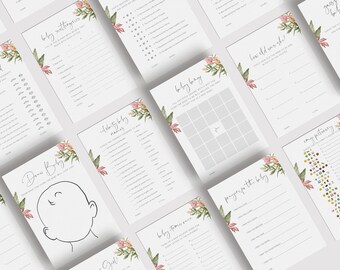 Puede incluir: Un conjunto de juegos de baby shower imprimibles con diseños florales. Los juegos incluyen "¿Quién conoce mejor a mamá", "¿Qué edad tenía", "Baby Bingo", "Adivina la comida para bebés", "Dibuja un bebé", "Identifica los nombres de los bebés", "Artículos o nombres de los bebés", "Oraciones para el bebé" y "Mi pareja".