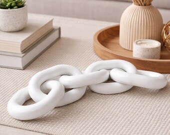 White Wooden Chain Link Decor, Rustic Farmhouse Table Accent (13 inches)